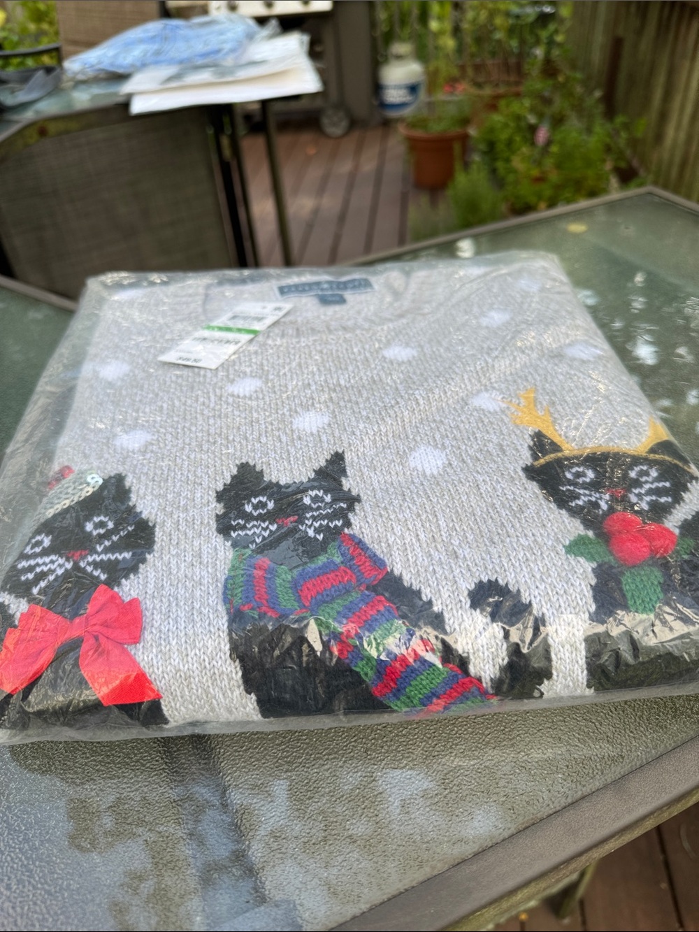 Women Gray Holiday Cat Knit Sweater - Festive Crewneck